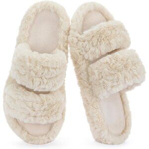 Women’s Tan Pluffie Arch Memory Foam Cozy Faux Fur Open Toe Slippers Shoes